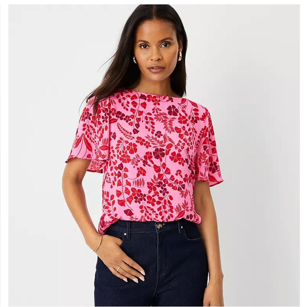 Ann Taylor Factory Petite Mixed Media Angel Sleeve Top - Picture 3 of 10